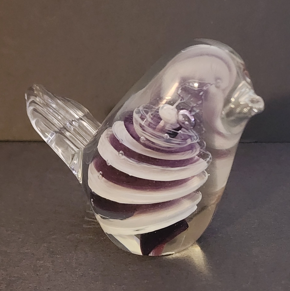 Art Glass Bird Paperweight with Purple Swirls and Controlled Bubbles